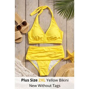 Women’s Yellow Bikini Swimsuit 2XL Halter Top Padded Ruched Bottom NWT